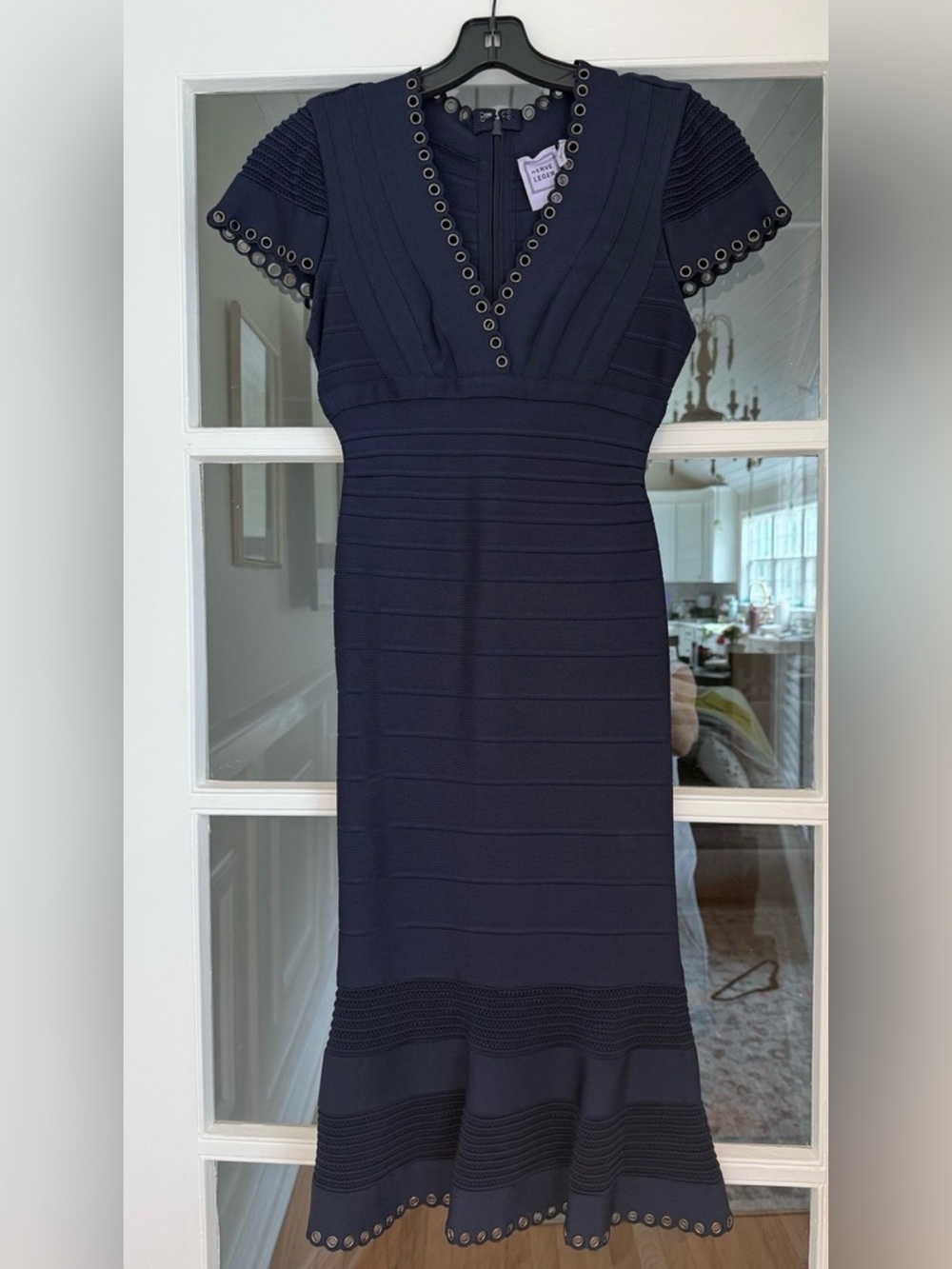 Herve Leger Navy Grommet V-Neck Cap Sleeve Bandage Midi Dress Sz XS